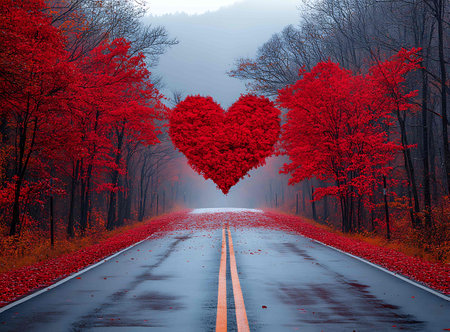 road in the autumn forest with red heart in the middle of the roadの素材