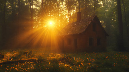 Abandoned house in a foggy forest at sunset. Conceptual imageの写真素材