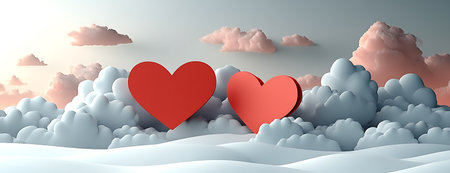 Two red hearts in the sky. Valentines day background. 3D renderingの写真素材