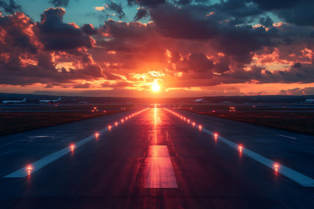 Airport runway at sunset with red sky and clouds, travel conceptの写真素材