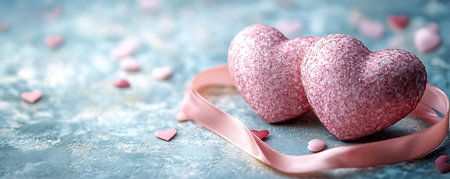 Pink hearts and ribbon on a blue background. Valentine's day concept.の写真素材