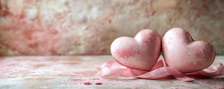 Valentine's day greeting card. Pink hearts and pink ribbon on a concrete background.の写真素材