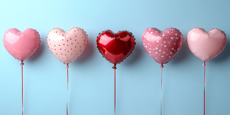 Heart shaped balloons on blue background, 3d render. Valentine's day conceptの写真素材