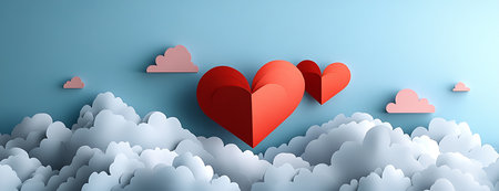 Valentine's day background with paper cut heart and clouds. Paper art style. Vector illustration.の写真素材