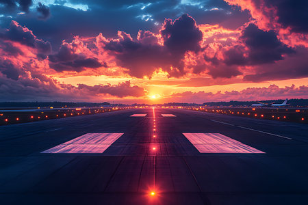 Sunset on the runway of the airport with a view of the planeの写真素材