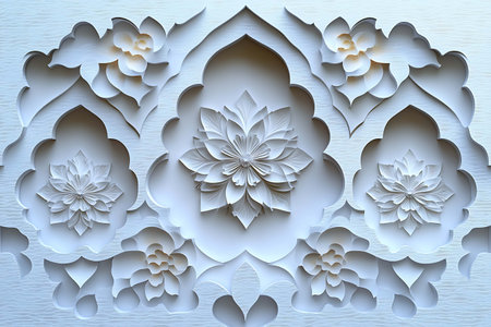 Paper cut of white flowers on blue background. Paper art style.の写真素材