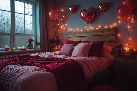 Bedroom interior with red pillows on the bedrated with red heartsの写真素材