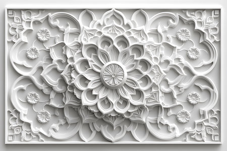 3D render of a white paper cut flower pattern on the wallの写真素材