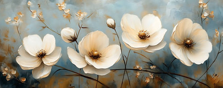 White flowers of anemone on blue background. Watercolor painting.の写真素材