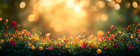 Beautiful flowers with bokeh background. Panoramic banner.の写真素材