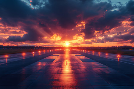 airport runway and sunset in the evening,sunset time.の写真素材