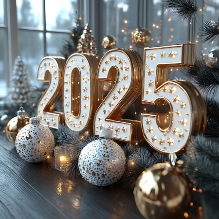 3D illustration. Happy New Year 2021. Golden numbers on the background of a window with a Christmas tree.の写真素材