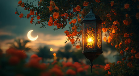 Ramadan Kareem background. Ramadan lanterns in the garden.の写真素材