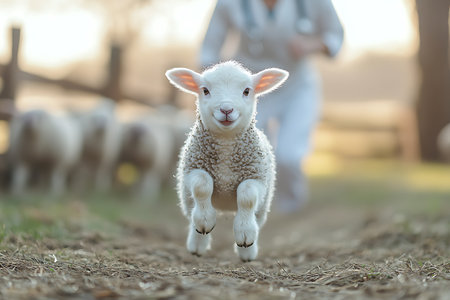 Cute little lamb in the farm with her mother. Selective focusの写真素材