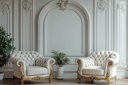 Classic armchairs in classic interior with copy space.Walls with mouldings,ornated cornice. Floor parquet herringbone.Digital Illustration.3d renderingの写真素材