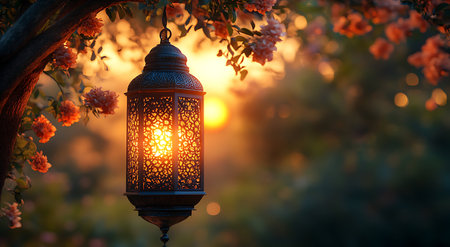 Lantern in the garden at sunset. Ramadan Kareem.の写真素材
