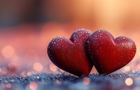 two red hearts on bokeh background, valentines dayの写真素材