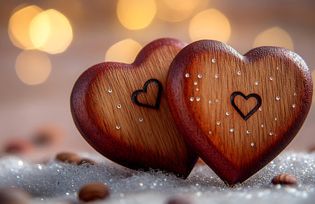 Two wooden hearts on a bokeh background. Valentine's Dayの写真素材