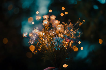 Bouquet of flowers in the hands of a girl on a background of bokehの写真素材