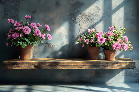 Beautiful pink flowers in pots on wooden shelf against grunge wallの写真素材