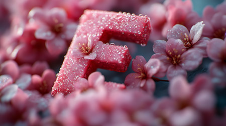 Water droplets on the letter F with pink cherry blossoms.の写真素材