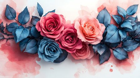 Flowers composition. Frame made of pink and blue roses on white background. Flat lay, top view, copy spaceの写真素材