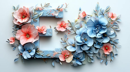 Creative floral frame on blue background. Flat lay, top viewの写真素材