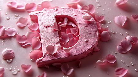Piece of tasty cake with rose petals on pink background, closeupの写真素材