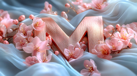 3d illustration of letter M decorated with pink sakura blossomの写真素材