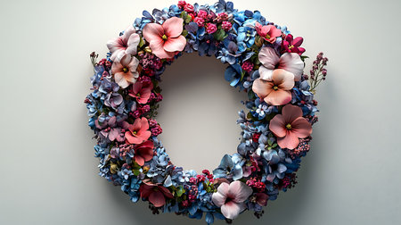 Flower wreath with hydrangea and hibiscus flowers on gray backgroundの写真素材