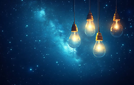 Glowing retro light bulbs on dark space background. 3D renderingの写真素材