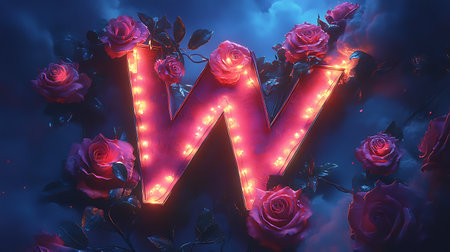 Neon light letter W with roses on dark background. 3D renderingの写真素材