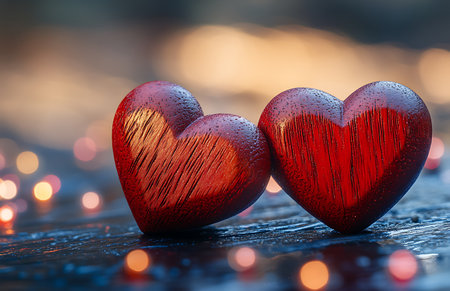 Two red hearts on a dark wooden background with bokeh lightsの写真素材
