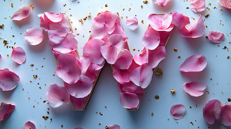 W letter with pink rose petals and golden confetti on blue backgroundの写真素材