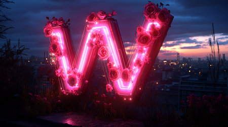 Glowing neon sign in the shape of a letter W with flowers in the background.の写真素材