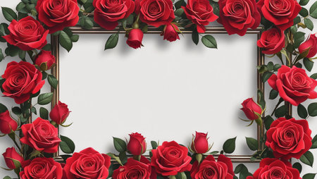 Valentine's Day background with red roses and frame. Top view.の写真素材