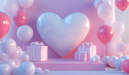 Valentine's day background with heart, gift box and balloons. 3d renderingの写真素材