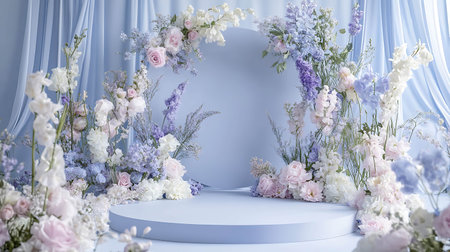 3d render of blue background with white and pink flowers and podiumの写真素材