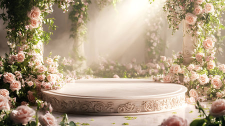 Beautiful white podium on the background of roses. 3d renderingの写真素材