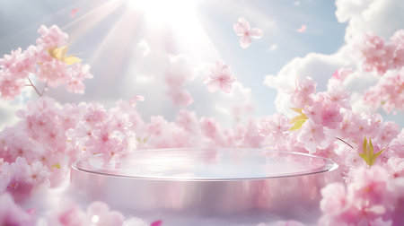 Cherry blossoms and pedestal for product display 3D renderingの写真素材