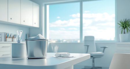 3d rendering of a white modern kitchen in a house with a beautiful viewの写真素材