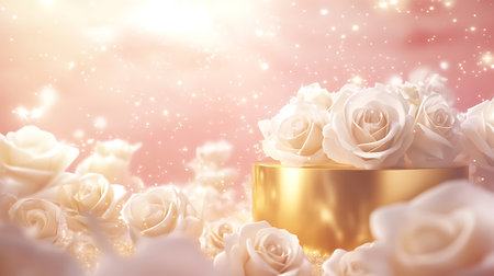 3d render, white roses and golden gift box on pink backgroundの写真素材