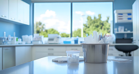 Medical waste container on a clean table in a healthcare settingの写真素材
