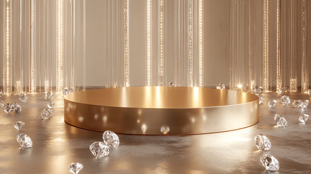 3d rendering golden podium with diamonds on the floor in the studioの写真素材
