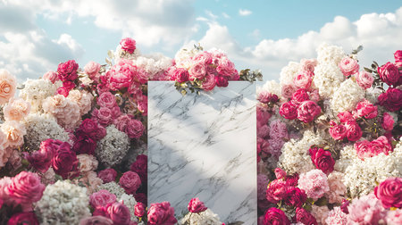 Flowers composition. Frame made of pink and white flowers with copy space on blue sky backgroundの写真素材