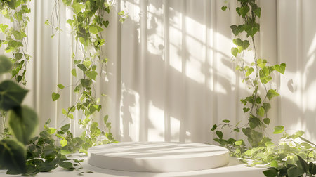 Minimal scene with white podium and green leaves. 3D renderingの写真素材