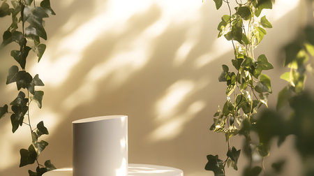 3d render of white podium for product display with green plant.の写真素材