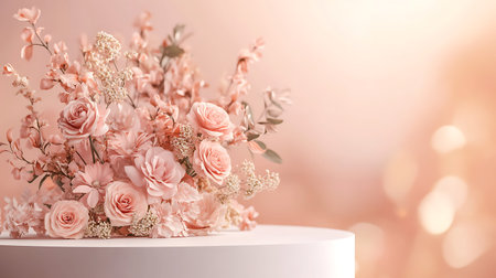 Beautiful bouquet of pink roses on a white pedestal.の写真素材