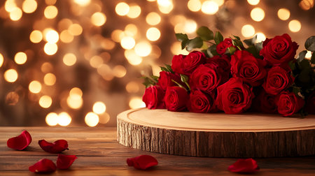 Bouquet of beautiful red roses on wooden table against defocused lightsの写真素材