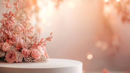 Bouquet of flowers on a white table with bokeh backgroundの写真素材